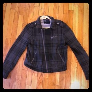 AE black and gray plaid motto jacket